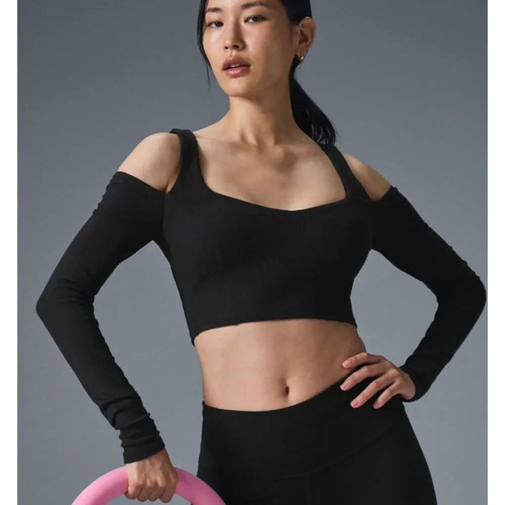 Alo Ribbed Cropped Butterfly Long Sleeve Black Open Cold Shoulder Cut-Out Cutout